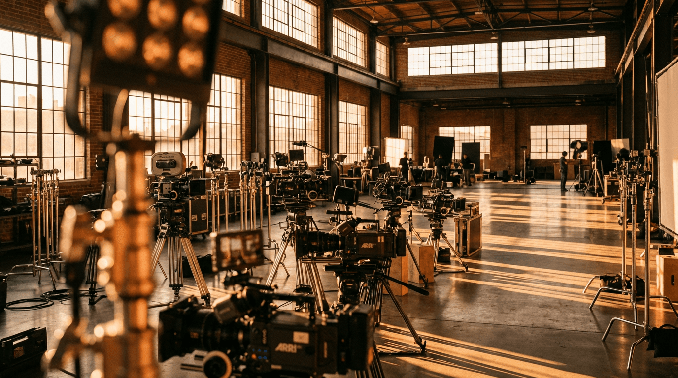 Dramatically lit product film set with cinematic lighting in a production studio