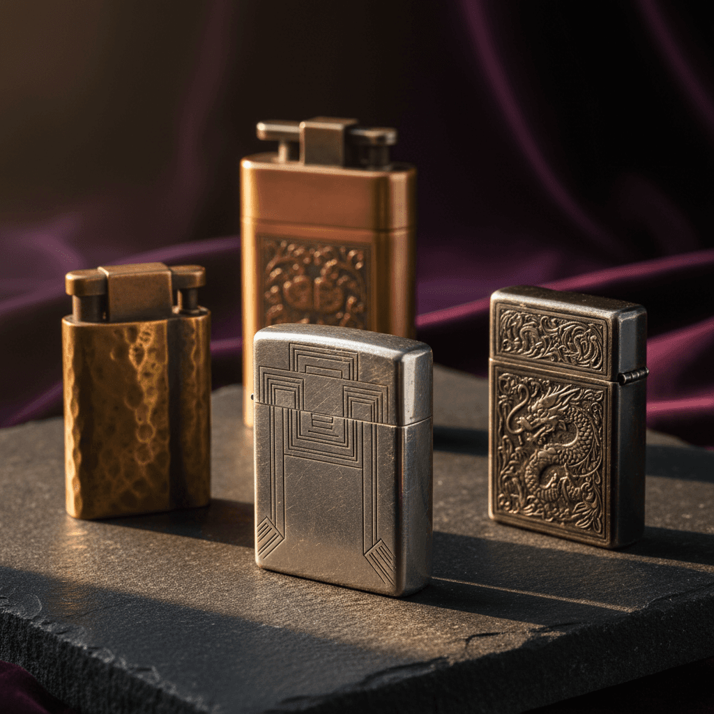 Close-up of vintage lighter collection showing intricate metalwork and patina details with dramatic sidelighting