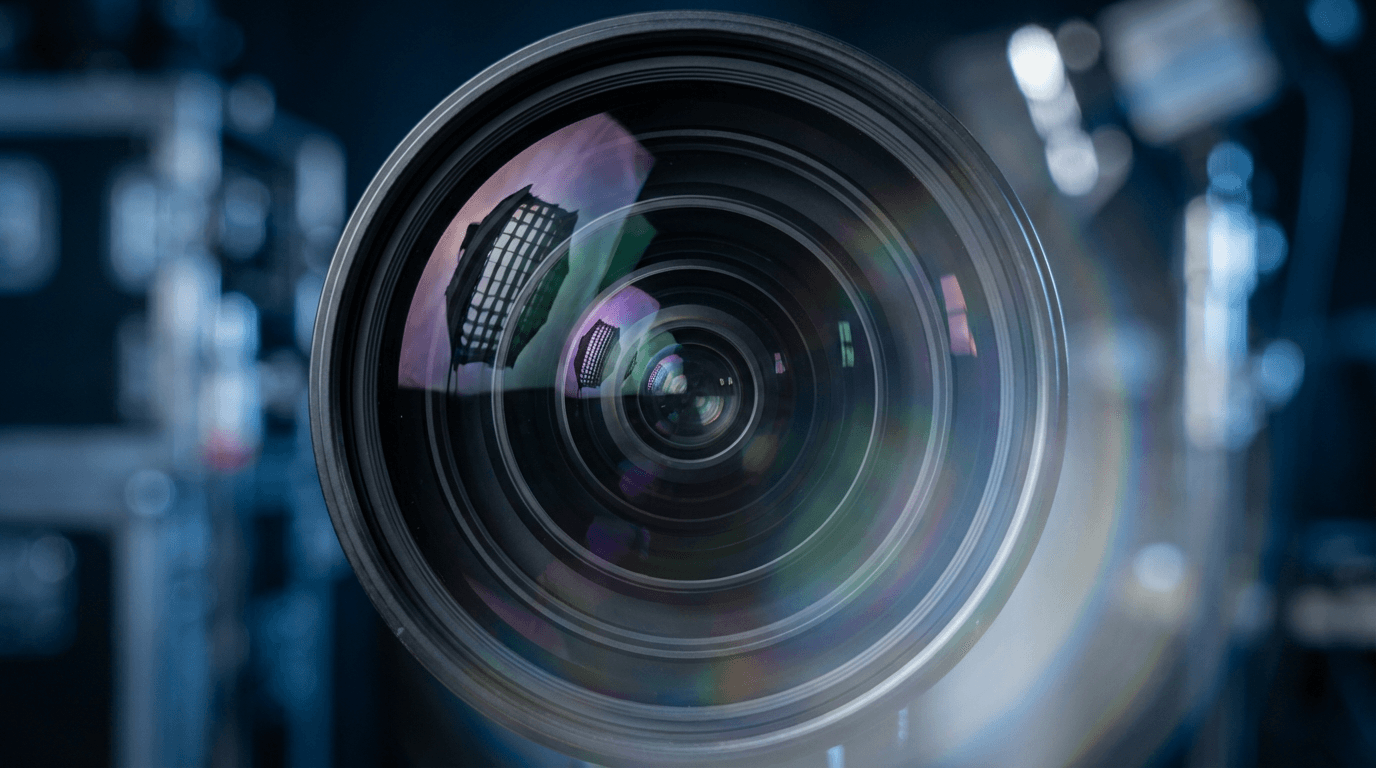Cinema camera on a dimly lit film set with a product in the spotlight