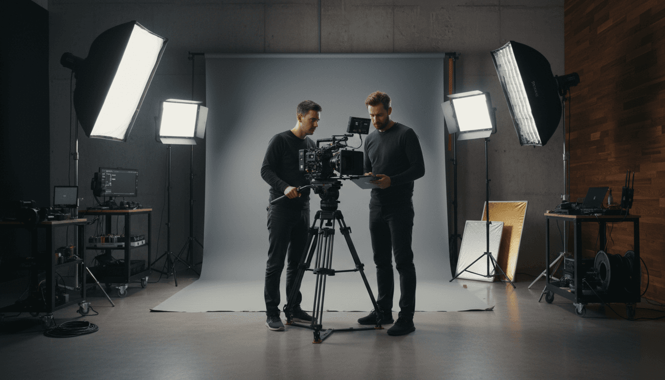 Behind the scenes of a professional film studio with cinema camera and lighting equipment