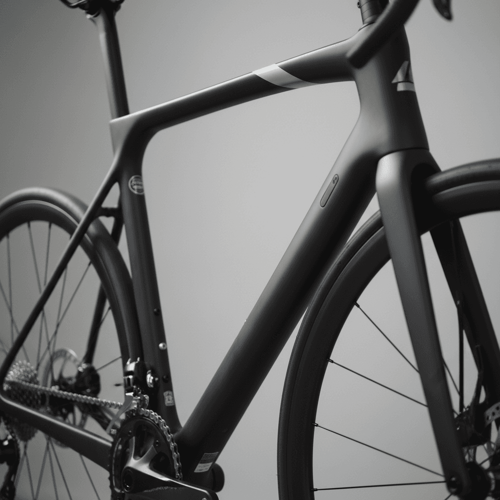 Close-up detail of lightweight carbon fiber bicycle frame showing precision welding and geometric engineering against neutral background