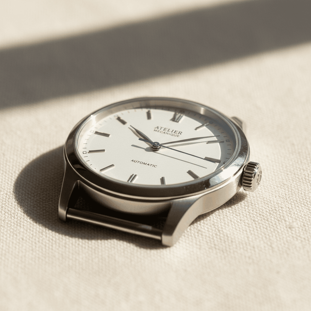 Luxury stainless steel mechanical watch displayed on neutral linen with soft natural lighting highlighting refined details