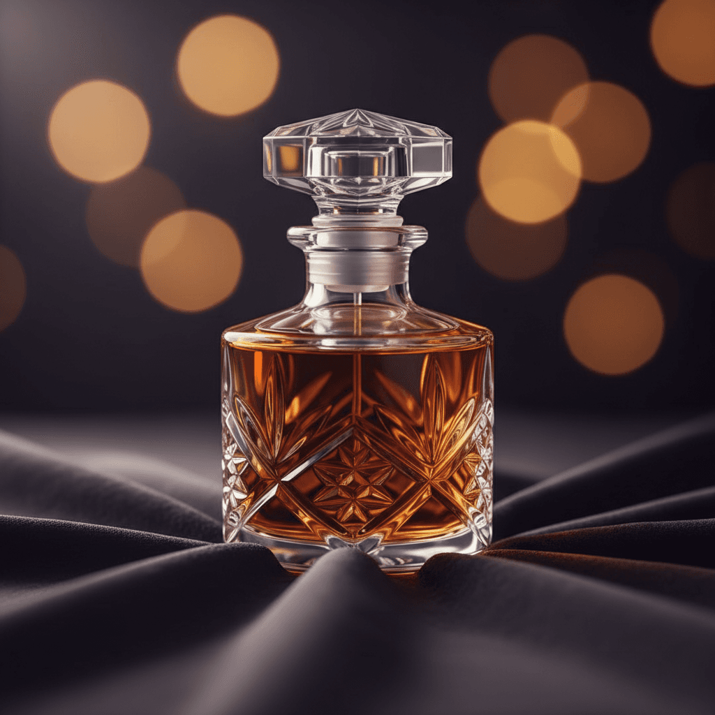 Ornate crystal perfume bottle with amber liquid, dramatically lit against dark background with golden highlights