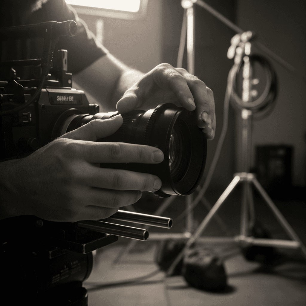 Filmkamera und Lichtequipment auf einem professionellen Filmset